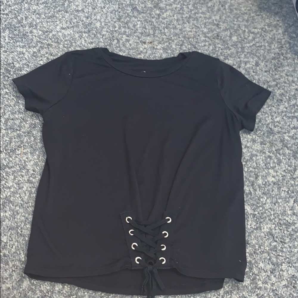 black tee shirt with tie at the bottom